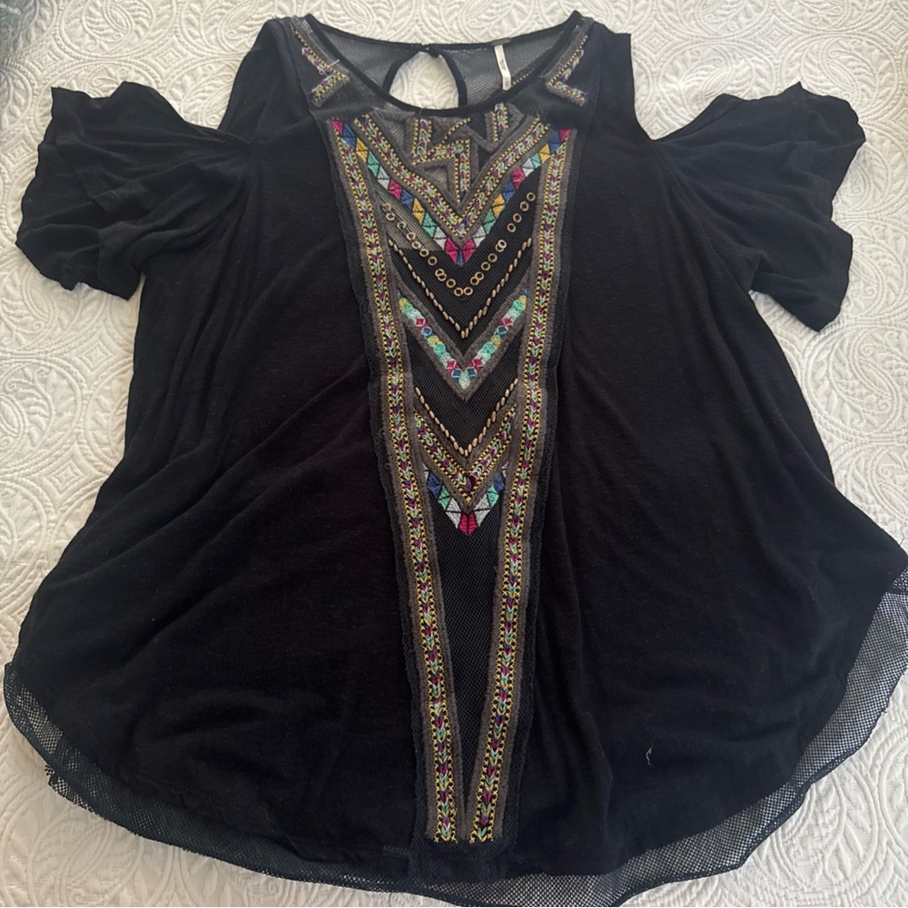 Free People Black Top with Colorful Embroidery